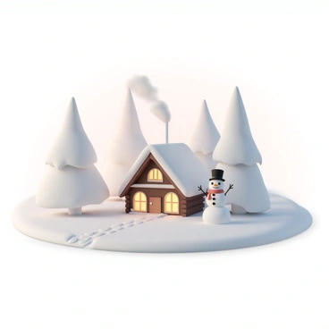 A snowy winter landscape with a cabin surrounded by tall pine trees blanketed in snow. The cabin has smoke rising from the chimney, indicating a warm fire inside. In front of the cabin, there are footprints leading up to the door, and a snowman wearing a red scarf and a black top hat stands proudly next to it. Soft, glowing lights can be seen in the windows of the cabin, casting a warm light onto the snow outside. The sky is a gentle gradient of soft pink and light orange, suggesting a sunset.