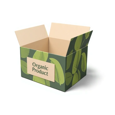 A box made of biodegradable packaging material with a smooth, matte finish. The design features a prominent green leaf motif that wraps around the sides of the box. The leaves are detailed with visible veins and varying shades of green, enhancing the organic feel. The box is opened slightly to show the interior, which is also made of eco-friendly material. There is a label on the front with the words "Organic Product" in an elegant, natural font. The overall appearance conveys sustainability and eco-friendliness.