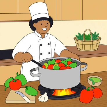 A cheerful chef with dark curly hair, wearing a white chef's coat and a tall white hat, is stirring a large silver pot over a bright orange open flame. The pot is filled with a colorful mixture of vegetables that are simmering. Scattered around the kitchen are various ingredients including bright green bell peppers, ripe red tomatoes, and a bulb of garlic. There is a wooden cutting board with a knife resting on it, along with a basket filled with fresh herbs in the background. The kitchen is filled with warm, inviting colors and has a rustic wooden countertop.