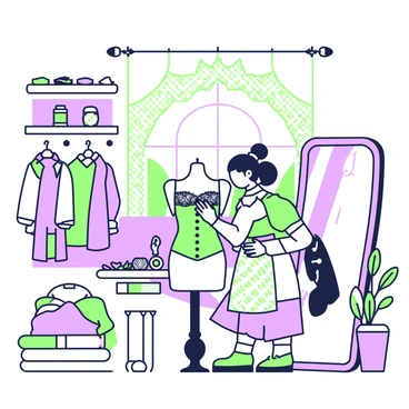 A vintage boutique is filled with an array of clothing and accessories. In the center, a seamstress is fitting a corset onto a mannequin. She has curly hair tied back and is wearing a patterned apron. The mannequin features delicate lace details on the corset. Surrounding the seamstress, there are shelves displaying fabrics in various textures, spools of thread, and an assortment of buttons. A large mirror is positioned nearby, reflecting the scene. Soft light filters through a window adorned with lace curtains, creating a warm atmosphere in the boutique.