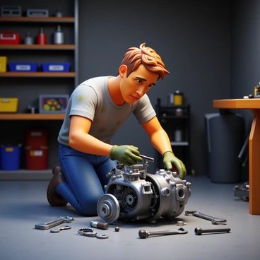 A man wearing a grease-stained shirt and work gloves is kneeling in a dimly lit garage. He has short, messy hair and focused expression as he works on a motorcycle engine. The engine is partially disassembled, with various tools scattered around, including wrenches and sockets. The garage has concrete walls, and there are shelves filled with spare parts and motorcycle accessories in the background. The floor is marked with oil stains, and there is a workbench with more tools nearby.