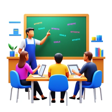 A 3D icon of an illustration tutor standing beside a group of students. The tutor is pointing at a chalkboard filled with "artistic goals" written in colorful markers. The students, a diverse group of three, are seated at a table with sketchbooks and pencils, attentively listening. One student has a hand raised, while another is jotting down notes on a tablet. The setting is a bright, modern classroom with art supplies scattered around.