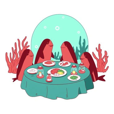 A red family of sardines is sitting around a round teal table in a cozy underwater home. The table is set with small, colorful seashell plates and tiny lanterns made from glass bottles. The sardines are smiling and enjoying their dinner, which consists of various seaweed dishes and small fish delicacies. The walls of the underwater home are adorned with coral decorations, and soft bubbles float upwards in the background, creating a warm, inviting atmosphere.