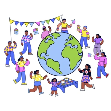A vibrant festival scene on Earth filled with people celebrating various cultures and traditions. Groups of individuals are dressed in colorful traditional attire representing different cultures. Some are dancing, showcasing unique dance forms, while others are engaged in conversation, sharing laughter. Festive decorations are hung around, featuring bright banners and colorful flags. Tables are set up with various traditional foods from around the world, and children are playing games excitedly. The atmosphere is lively with a sense of joy and togetherness among the diverse crowd.