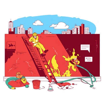 A red mural covers a city wall, vividly illustrating the life and work of firefighters. In the center, a firefighter in a bright yellow uniform is shown heroically climbing a red ladder, reaching towards a blazing orange fire. Surrounding this scene, various smaller images depict firefighters responding to emergencies, spraying water from a teal hose, and rescuing a cat from a tree. Above these actions, a blue sky is painted with fluffy white clouds, adding depth to the mural. The entire composition captures the bravery and dedication of firefighters in their everyday lives.