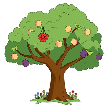 A large tree with a thick trunk and a wide canopy of leaves reaching towards the sky. The branches are adorned with an abundance of diverse fruits. There are clusters of bright red cherries hanging from one branch, alongside several plump, golden peaches with a soft blush. Another branch is heavy with ripe, purple figs, their skin slightly wrinkled. The leaves are a rich green, and the sunlight filters through them, casting dappled shadows on the ground below. The tree stands in a well-tended garden, surrounded by patches of colorful flowers.