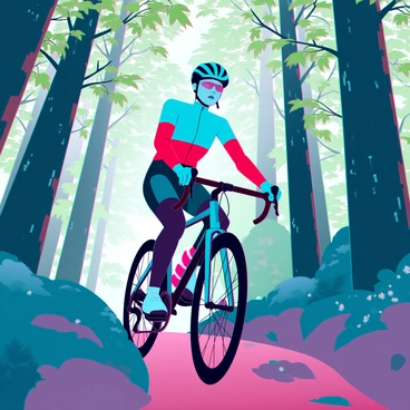 A focused cyclist with a determined expression is riding a sleek racing bike, expertly navigating through the narrow, winding path of a dense forest trail. The cyclist is wearing a fitted helmet and colorful cycling attire that contrasts with the lush green foliage surrounding them. Sunlight filters through the thick canopy, casting dappled shadows on the ground. Tall trees with rough bark and vibrant leaves create a sense of depth in the background, while patches of wildflowers add splashes of color along the trail. The bike's wheels are kicking up bits of dirt and small pebbles as they glide smoothly over the rugged terrain.
