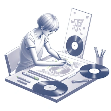 An artist is seated at a drawing table, focused on designing a vinyl record cover. The artist has short hair and is using a pencil to sketch a bold graphic design on a large piece of paper. Surrounding the artist are various creative sketches and doodles, including abstract shapes and musical notes. The workspace is cluttered with colored markers, paintbrushes, and a few vinyl records, creating a dynamic and inspiring atmosphere. On one side of the table, there is a partially completed record cover featuring intricate linework and patterns.
