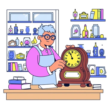 An antique shop owner wearing spectacles and a light blue apron is carefully restoring a vintage clock on a wooden table. The clock has a brass face and intricate wooden carvings. The store is filled with various treasures, including ornate picture frames, a collection of colorful glass vases, and a stack of old books. Shelves display unique trinkets and dusty porcelain figurines. Sunlight streams through a window, illuminating the dust particles in the air.