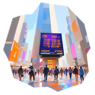 A digital stock ticker displaying fast-moving numbers is prominently featured in a bustling financial district. The ticker is mounted on a tall skyscraper, glowing brightly against the backdrop of a clear blue sky. In the foreground, various pedestrians, including businessmen in suits and tourists with cameras, are moving quickly, absorbed in the vibrant atmosphere of the area. Surrounding buildings, with glass façades reflecting sunlight, tower above the street, enhancing the sense of a lively urban environment. The digital numbers on the ticker rapidly change, showcasing stock prices and market data, creating a dynamic focal point in the scene.