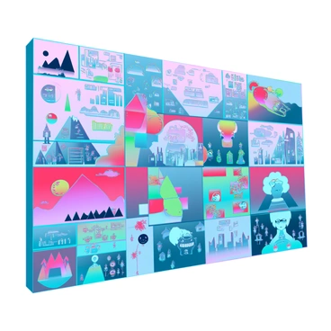 A large canvas displaying a vibrant, chaotic collage of various artistic styles, merged into a cohesive digital artwork. Each section showcases a unique contribution from different artists, featuring bold colors, intricate patterns, and diverse subjects. One area displays geometric shapes in bright primary colors, while another section features whimsical, hand-drawn characters with exaggerated features. Additional segments include surreal landscapes and abstract forms that interact seamlessly with one another, creating a dynamic visual experience. The overall composition is intricate and layered, inviting viewers to explore each artist's unique flair.