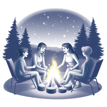 A group of four friends is gathered around a campfire. They are sitting on logs and folding chairs, creating a semi-circle formation around the warm glow of the flames. The fire casts flickering shadows on their faces, revealing expressions of laughter and camaraderie. Above them stretches a night sky filled with countless stars, twinkling brightly in the darkness. The silhouettes of tall pine trees are visible in the background, framing the scene with their towering presence. One friend is holding a marshmallow on a stick, while another is leaning back comfortably, enjoying the moment.