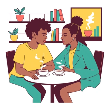 Two African American friends are seated at a small round table in a café with warm lighting. One friend has short curly hair and is wearing a bright yellow t-shirt, while the other has longer hair tied back in a bun and is dressed in a teal jacket. They both have steaming cups of coffee in front of them, and they are engaged in a deep conversation, leaning slightly towards each other. The background features shelves with colorful books and houseplants, adding to the cozy atmosphere of the café.