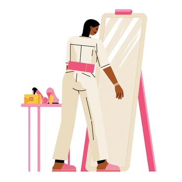 A woman stands in front of a full-length mirror, wearing a stylish day outfit consisting of a fitted jumpsuit in a soft pastel color. She is accessorizing her look by adding a wide, bold statement belt in a contrasting color, cinching her waist and highlighting her figure. The mirror reflects her focused expression as she adjusts the belt. Sunlight streams through the window, illuminating the outfit and creating a dynamic atmosphere in the room. In the background, a small table holds various accessories like a pair of high-heeled shoes and a clutch purse, hinting at the transformation from day to night.