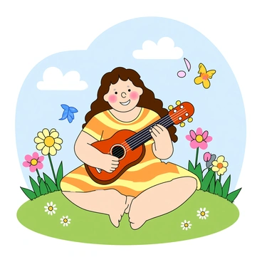 A young girl with light skin and long, curly brown hair is sitting on a grassy patch in a sunny garden. She is wearing a colorful, striped dress and has a big smile on her face as she strums a small, cheerful ukulele. Around her, whimsical music notes in bright colors are floating and swirling in the air. The scene includes a few butterflies fluttering nearby and a blue sky with fluffy white clouds. A small flower patch with daisies and tulips is visible in the background, adding a playful touch to the setting.