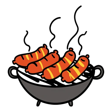 Close-up of several sizzling bratwursts with a golden-brown crust, positioned on a barbecue grill. The sausages are glistening with juices, and there are grill marks visible on their surfaces. Smoke is swirling around them, creating a dynamic effect. The background is softly blurred, focusing the attention on the bratwursts.