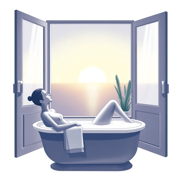 A person seated in a bathtub, relaxing in a bath filled with water. The figure is shown from the side, with a relaxed posture, leaning back against the tub. The bathroom doors are open wide, revealing a view of the horizon where the sun is setting. The warm light from the sunset casts soft shadows within the bathroom, creating a tranquil atmosphere. The setting includes decorative plants positioned near the doors, and a towel is draped neatly on the edge of the tub. The scene captures a moment of peace and leisure.