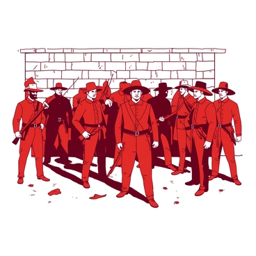 A red group of Alamo defenders stands together in a defensive formation, showcasing determination in their eyes. Each defender is dressed in historical uniforms, with visible details such as buttons and insignias. They are holding various weapons, including rifles and swords, ready to face their adversaries. The defenders are positioned in front of a rugged stone wall, with remnants of battle scattered around them. The expressions on their faces emanate strength and resolve, capturing the intensity of their last stand.