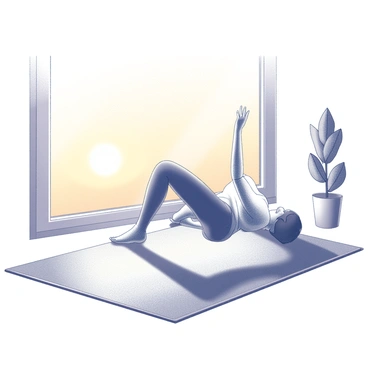 A person engaged in morning stretches, positioned on a yoga mat. The individual is performing the bird-dog exercise, extending one arm forward while the opposite leg extends backward. The scene is set beside a large window, which is illuminated by the soft light of a sunrise. The warm light casts gentle shadows across the floor, enhancing the dynamic pose of the person. The surroundings include minimalistic decor, emphasizing a calm and focused atmosphere.
