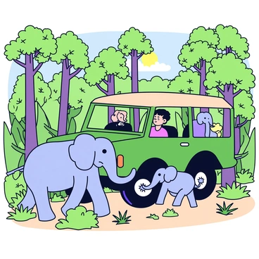 A green jeep with a canvas top is driving through a dense jungle filled with lush greenery and tall trees. The jeep has large tires and is slightly dusty from the off-road terrain. In front of the jeep, there is a group of three elephants, including a large adult and two smaller ones, peacefully standing amongst the foliage. The elephants have grey skin and are surrounded by greenery, with some sparse bushes and grass underfoot. Sunlight filters through the leaves, casting a dappled pattern on the ground.