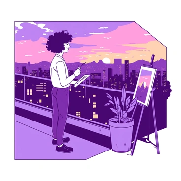 An artist with curly hair is standing on a high-rise balcony, holding a sketchbook and pencil. The artist is focused on a panoramic cityscape that stretches out below. The city is filled with tall buildings and glowing windows as the sun sets in the background. The sky is a blend of colors, transitioning into a vibrant hue. The balcony is adorned with potted plants and there is a small easel to the side holding a partially completed sketch of the scene. The artist's expression reflects concentration and inspiration as they capture the beauty of the sunset over the city.