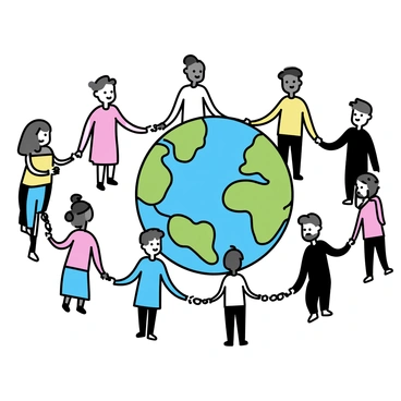 A diverse group of people standing hand in hand, forming a human chain around a globe. The globe is depicted with blue oceans and green continents. Each person in the chain represents different ethnicities and cultures, wearing traditional clothing from their regions. Their faces express a sense of unity and determination. The people are positioned equidistantly from each other, creating a balanced and harmonious circle around the globe.