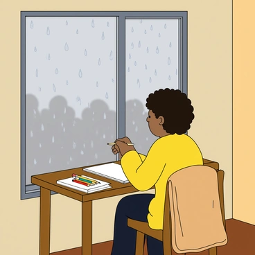 A person with medium skin and curly hair is sitting at a wooden table next to a large window. They are holding a pencil in their hand, focused on sketching. The window is covered in numerous clear raindrops sliding down the glass, creating a blurred view of a gray, overcast sky outside. The table features a few art supplies, including a sketchbook and colored pencils. The room appears cozy, with warm lighting and a soft blanket draped over a nearby chair. The person is wearing a bright yellow sweater, adding a pop of color to the scene.