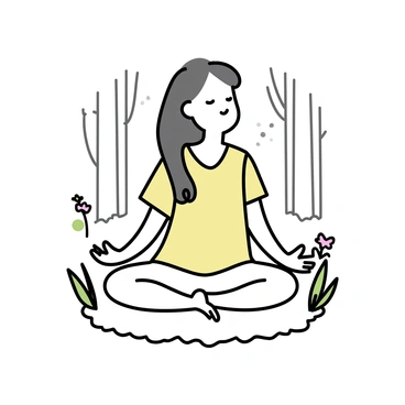 A person sitting in a lotus position on a soft patch of grass in a quiet forest. The individual has long hair falling gently down their back and is wearing a simple, light-colored tunic. Sunlight filters through the tall trees, creating patterns of light and shadow on the ground. Surrounding the person are various green plants and a few wildflowers, adding to the tranquil atmosphere. The person's hands rest on their knees, palms facing upwards, and their eyes are closed, suggesting a state of deep meditation.