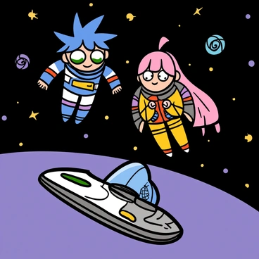 Two anime characters in space suits are floating outside a sleek, futuristic spaceship. The first character has bright blue hair styled in a spiky fashion and large, expressive green eyes. The second character has long, flowing pink hair and vibrant purple eyes. Both characters are wearing colorful, high-tech space suits with intricate designs and glowing accents. They are gazing in awe at a backdrop filled with distant stars and swirling galaxies. The spaceship has a streamlined design with illuminated panels, and the vastness of space surrounds them, creating a sense of wonder and exploration.