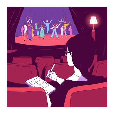 A critic sitting in a theater audience is intently watching a play. The critic has short, black hair and wears glasses, with a focused expression on their face. In one hand, they hold a small notebook, scribbling notes with a white pen. The dim light from a nearby lamp casts soft shadows across their face and the pages of the notebook. The seats around them are plush and red, adding depth to the scene. On the stage, colorful costumes and dramatic lighting highlight the ongoing performance, creating contrast with the subdued atmosphere of the audience.