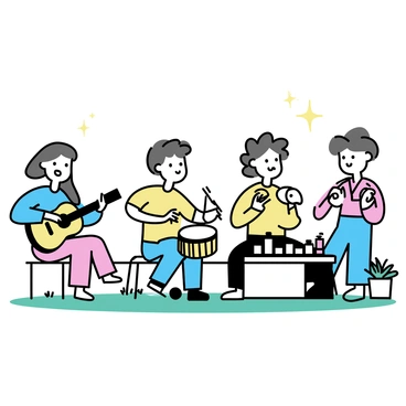 A backyard scene featuring a group of four friends playing musical instruments together. One friend, a woman with long brown hair, is playing an acoustic guitar while sitting on a wooden bench. Beside her, a man with curly hair is playing a bongo drum. Another friend, a man with glasses, is holding a tambourine and tapping it rhythmically. The fourth friend, a woman with short hair, is playing a flute, standing next to a small table filled with drinks. The grass is green, and there are a few potted plants around, creating a lively atmosphere.