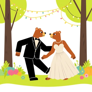 A pair of bears, one wearing a black tuxedo with a bow tie and the other dressed in a sparkling evening gown, are waltzing elegantly in a forest clearing. The ground is covered in soft green grass, and vibrant wildflowers are scattered around. Above them, strands of twinkling fairy lights hang from the branches of tall trees, creating a warm, magical glow. The bears are gazing into each other's eyes, showcasing their graceful dance amidst the enchanting forest setting.