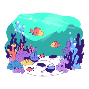 An underwater scene features a variety of fish swimming among vibrant corals. The fish display a range of colors, including bright oranges, yellows, and blues. The corals rise from the sandy ocean floor, showcasing intricate shapes and textures. Bubbles rise from the fish as they move, and beams of light penetrate the water, illuminating the scene. The ocean background is a deep teal, adding depth to the underwater environment.