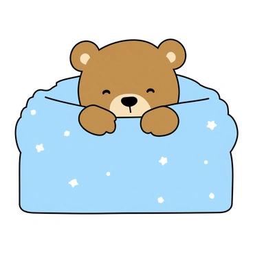 A baby bear with fluffy brown fur is nestled in a cozy, soft blanket. The blanket is light blue with small white stars scattered across it. The bear's head is visible, with its eyes closed in a peaceful expression, and small round ears peeking out from the blanket. The fur around its face appears fluffy and warm. The setting is comfortable and inviting, highlighting the bear's adorable features.