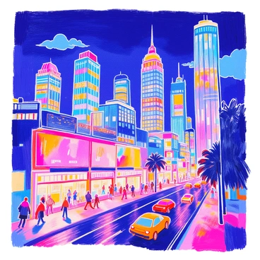 A vibrant city skyline at night features tall skyscrapers with illuminated windows. Neon lights glow in various colors, casting reflections on the glass buildings. The streets below are bustling with activity, showing people walking and cars moving. Streetlights illuminate the sidewalks, and colorful billboards add to the lively atmosphere. The sky is dark with a few scattered clouds, creating a striking contrast to the bright lights of the city.