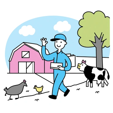 A mailman wearing a blue uniform and a cap is walking along a dirt path on a farm. He is holding a stack of letters in one hand while waving to the animals nearby. A curious cow with black and white spots is looking at him from the side of the path. A few chickens are pecking at the ground, glancing up at the mailman. In the background, there is a red barn, and a large tree provides shade near the path. The scene captures a peaceful, rural atmosphere with a clear blue sky overhead.