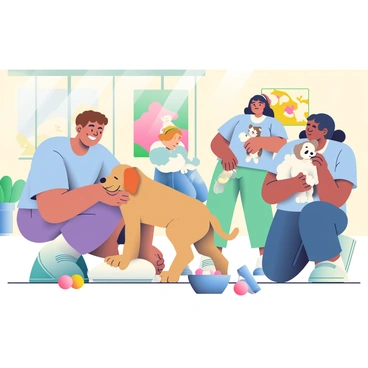 A group of volunteers is at an animal rescue center, surrounded by various animals. One volunteer, with short brown hair and wearing a light blue t-shirt, is kneeling down to pet a golden retriever puppy that is wagging its tail. Another volunteer, with long black hair tied back in a ponytail, is holding a playful tabby kitten in her arms, smiling widely. Near them, a volunteer is filling a water bowl for a small, fluffy white dog. The environment is filled with colorful toys scattered around, and there are bright murals on the walls depicting happy animals. Sunlight streams in through large windows, creating a warm and inviting atmosphere.