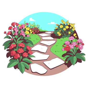 Flagstones create a winding path through a cheerful garden. The path is bordered by vibrant flowers in various colors, including red, yellow, and pink blooms. The flowers are lush and blooming, showcasing their bright petals and rich green leaves. In the background, there are clusters of plants adding texture and depth to the setting. A clear blue sky can be seen above, complementing the lively atmosphere of the garden.