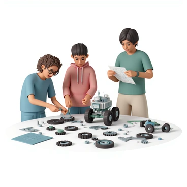 A group of three students gathered around a table, engaged in building robots. The first student, a girl with curly brown hair, is assembling gears, carefully fitting them together. She is wearing a blue t-shirt and glasses. The second student, a boy with short black hair, is using a screwdriver to tighten screws on a robot chassis, wearing a red hoodie and denim jeans. The third student, another girl with straight black hair, is looking at a blueprint while holding a wrench, dressed in a green t-shirt and khaki shorts. The table is cluttered with various tools, gears, and pieces of robot parts scattered around.