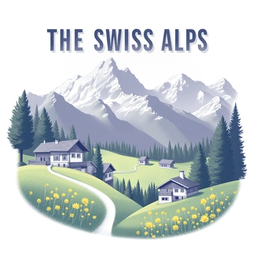 A vintage travel poster featuring a panoramic view of the Swiss Alps. The scene includes towering, snow-capped mountains in the background, with a clear sky above. In the foreground, a lush green valley is dotted with traditional wooden chalets, surrounded by vibrant yellow wildflowers. A winding path leads through the landscape, inviting viewers to explore the area. The text “THE SWISS ALPS” is prominently displayed across the top in a bold, vintage font.
