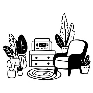A cozy living room featuring a vintage radio placed on a wooden side table. The side table has intricate details and a polished finish. Surrounding the table are various potted plants of different sizes and shapes, each with distinct foliage patterns. The plants create a natural atmosphere within the room. A comfortable armchair is positioned nearby, and a woven rug lies on the floor, adding to the warmth of the space. A soft light source casts gentle shadows, enhancing the cozy ambiance.