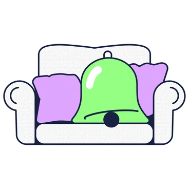 A decorative pillow shaped like a jingle bell is resting on a couch. The pillow is detailed with a green and purple outline that emphasizes its bell shape. The couch is upholstered in a textured fabric, featuring soft cushions and a neutral color. The arrangement includes a couple of solid-colored throw pillows beside the jingle bell-shaped pillow, enhancing the cozy atmosphere. The scene is well-lit, showcasing the contours of the pillow and the fabric of the couch.