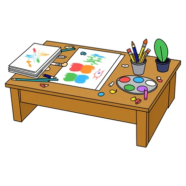 A wooden artist's desk with a glossy finish, covered in an array of colorful art supplies. There are several sharpened pencils scattered around, along with a variety of paintbrushes in different sizes, some resting in a small cup. A stack of concept art papers is piled on one side, featuring vibrant sketches and colorful designs. A palette with splashes of paint in various hues sits next to the brushes. The desk has a few paint tubes, some open and some closed, adding to the artistic chaos. A small potted plant adds a touch of greenery to the scene.