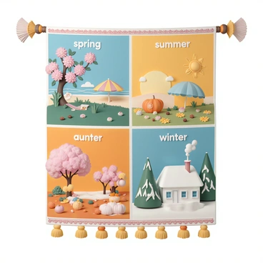 A large, intricately designed tapestry featuring four sections, each representing a different season. The top left section showcases "spring" with blooming flowers in vibrant colors, such as pink cherry blossoms and yellow daffodils, alongside green leaves and a clear blue sky. The top right section illustrates "summer," with golden sun rays, lush green grass, and colorful beach umbrellas, portraying a lively scene of relaxation and warmth. The bottom left section symbolizes "autumn," filled with falling orange and red leaves, pumpkins, and acorns, under a soft, golden light. The bottom right section represents "winter," featuring a snowy landscape, bare trees with white branches, and a cozy cabin with smoke rising from the chimney. Each season's section is adorned with decorative borders that enhance the overall beauty of the tapestry.