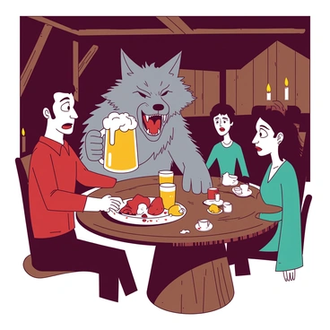 A duotone illustration featuring a werewolf sitting at a wooden table inside a dimly lit tavern. The werewolf has thick gray fur and sharp fangs, holding a large frosty mug of beer in its right hand. The table is cluttered with empty mugs and a plate of half-eaten meat. Around the werewolf, there are curious patrons with diverse expressions of surprise and intrigue, including a man in a red shirt and a woman in a teal dress. The tavern walls are adorned with wooden beams and flickering candles, casting shadows across the scene.