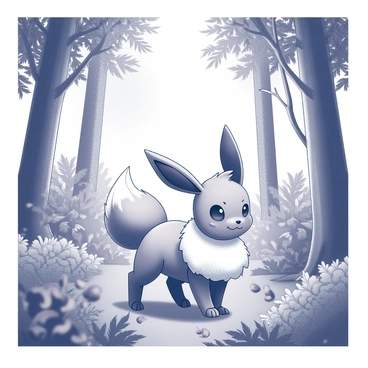 An Eevee is positioned among the underbrush of a dense forest. Its fur is textured and detailed, capturing the creature's playful nature. The forest features tall trees with wide trunks and a thick canopy above. Sunlight filters through the leaves, creating dappled patterns of light and shadow on the forest floor. Various plants, ferns, and bushes populate the scene, adding to the lushness of the environment. The Eevee's ears are perked up, suggesting curiosity as it inspects its surroundings.