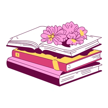 A stack of colorful books arranged neatly on a wooden surface. Between the open pages of the books, there are vibrant fresh ranunculus blooms in shades of pink and yellow. The flowers are nestled gently, their delicate petals slightly curling, adding a touch of nature to the literary scene. The books have varied cover designs and sizes, creating an interesting visual contrast with the soft appearance of the blooms peeking out.