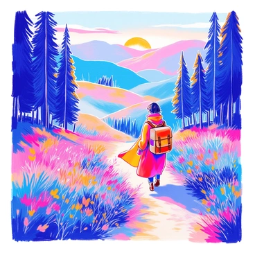 A lone traveler is walking through a misty valley. The traveler is dressed in a long cloak that billows gently in the wind. They carry a vintage leather backpack filled with travel essentials. The valley is surrounded by tall, dense trees that are shrouded in a light fog, creating a sense of mystery. The ground is dotted with vibrant green grass and small wildflowers. The traveler's expression reflects deep thought and contemplation as they navigate the winding path. In the background, soft shadows of distant hills and a hint of a rising sun can be seen, adding warmth to the scene.
