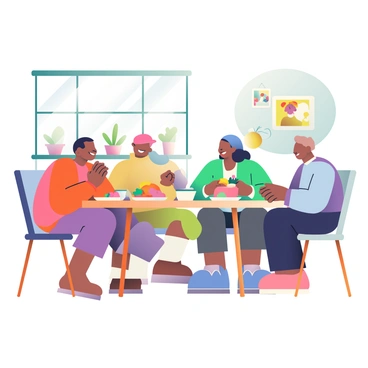 A family of four is gathered around a wooden dinner table sharing a meal. The table is set with white plates filled with colorful dishes, including a roasted chicken and fresh vegetables. Each family member is engaged in conversation, smiling and laughing. Sunlight is streaming through a large window, casting soft shadows across the table and illuminating the scene. In the background, there are potted plants on the windowsill and a wall adorned with family photos. The room has warm, inviting tones, enhancing the atmosphere of togetherness.