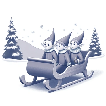 A group of vintage elves is seated in a wooden sleigh. The elves are depicted with pointed ears and wearing traditional attire with intricate details, such as embroidered patterns and jingling bells. The sleigh is elaborately carved, showcasing wooden craftsmanship. They are surrounded by a snowy landscape, where snow blankets the ground and clings to the branches of pine trees. In the background, gentle slopes rise, creating a serene winter scene. Flurries of snowflakes drift softly through the air, enhancing the magical atmosphere of the moment.